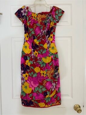 Neiman Marcus 100% SILK Fuchsia, Yellow and Green Floral Midi Dress